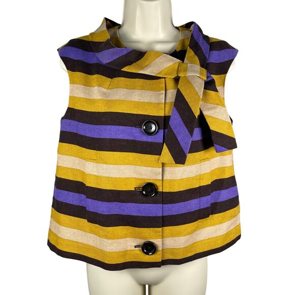 Michael Kors Vest Top Womens 8 Golden Yellow Purple Brown Stripe Lined Tie Neck - Picture 1 of 13